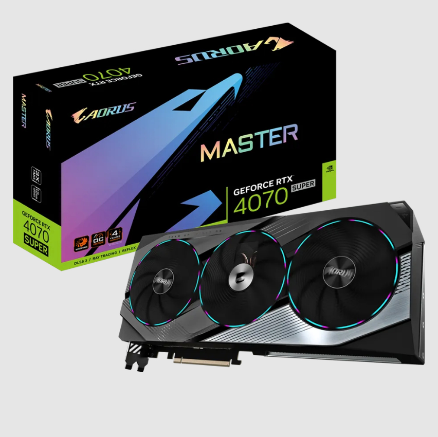  nVIDIA GeForce RTX4070 SUPER AORUS MASTER 12G<br>Core Clock: 2665 MHz, 1x HDMI/ 3x DP, Max Resolution: 7680 x 4320, 1x 16-Pin Connector, Recommended: 700W  